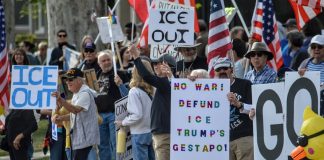 Crowd of protesters holding signs against ICE, including an 'ICE OUT' sign and an anti-war message with American flags in the background.