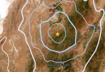 Numerous small earthquakes rattle Millard County, south of Kanosh Map showing concentric colored contour rings with a central star, marking an epicenter near Fishlake National Forest south of Richfield.