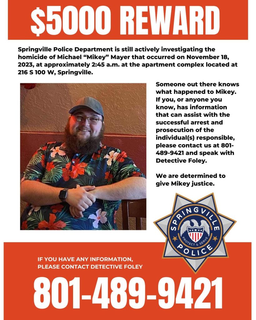 705313054_1389070723252705_8799394881110267888_n-1 | Gephardt Daily Poster announcing a ,000 reward for information about Mikey Mayer’s homicide; photo of a man in a floral Hawaiian shirt, with a Springville Police badge and the contact number shown.