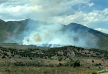Smoke plumes rise from a brush fire in a dry grassland with mountains in the background under a blue sky.