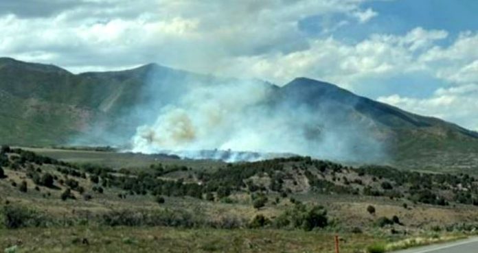 Smoke plumes rise from a brush fire in a dry grassland with mountains in the background under a blue sky.