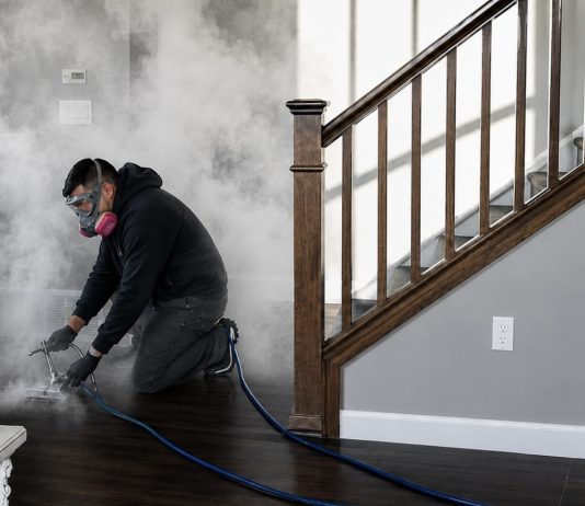 Worker in safety gear kneels on a dark wood floor, operating a fogging machine that releases dense vapor through a blue hose in a living room near a staircase.