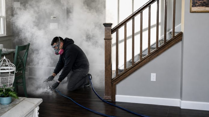 EnviroPure Mold Remediation Services, Falls Church, Va. Worker in safety gear kneels on a dark wood floor, operating a fogging machine that releases dense vapor through a blue hose in a living room near a staircase.