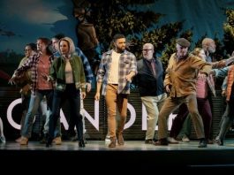 Diverse group of people dancing on a stage, performing a coordinated routine with a colorful backdrop behind them.