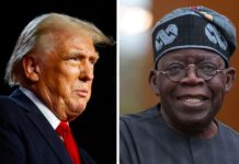 Split-screen image of two men: left is a light-haired man in a dark suit with a red tie; right is a man wearing a patterned cap and glasses, smiling.