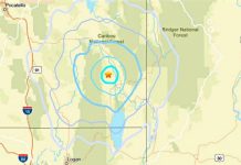 Map showing concentric intensity rings around a central epicenter near Caribou National Forest, with surrounding highways I-15 and I-84 shown.