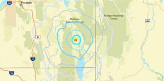 Map showing concentric intensity rings around a central epicenter near Caribou National Forest, with surrounding highways I-15 and I-84 shown.