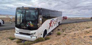 White Van Hool tour bus stuck in sandy desert beside a highway, front wheels buried in sand with damage to bumper and grill.