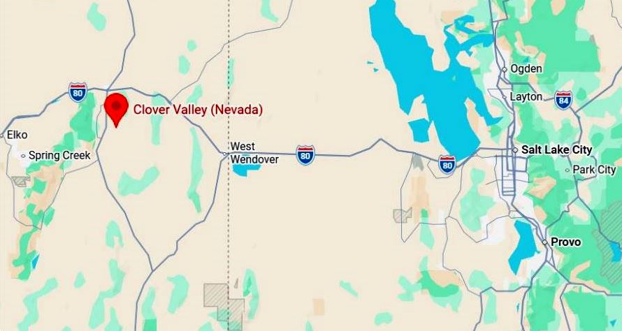 Map showing Clover Valley, Nevada along I-80 near Wendover, with Salt Lake City area to the east (Ogden, Layton, Provo labeled).
