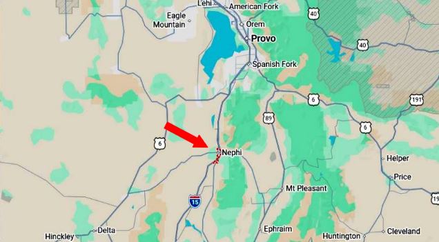 Map showing Nephi Utah along I 15 with a red arrow pointing to the town center
