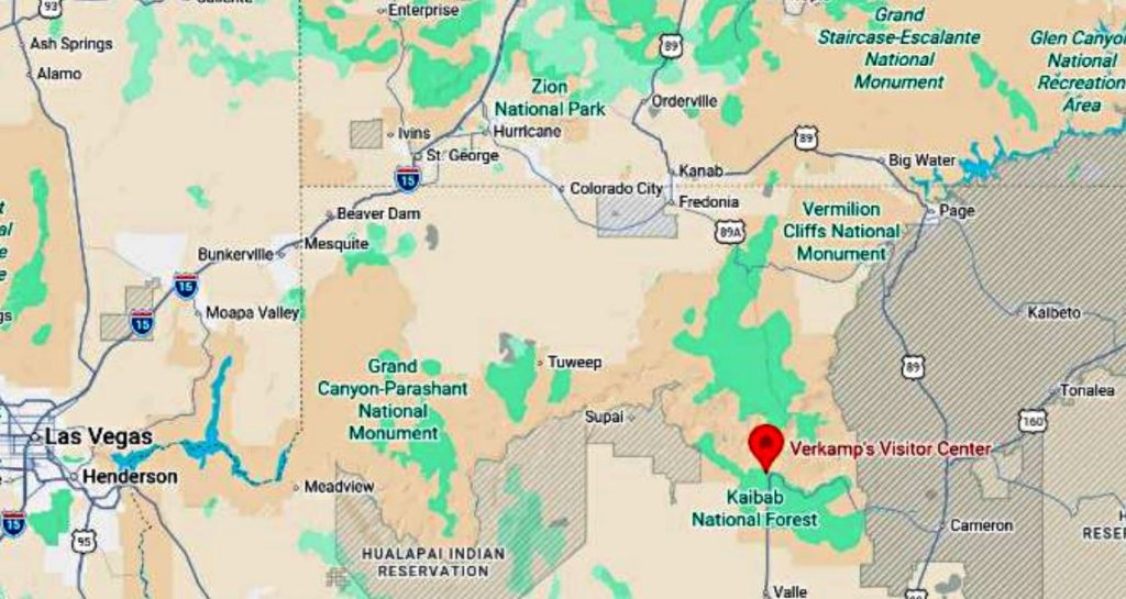 Map snippet showing Kaibab National Forest with Verkamp's Visitor Center marked by a red pin in Arizona near Grand Canyon area, west of Page, AZ.