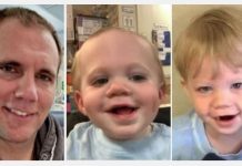 Collage of three close-up portraits: man left, smiling baby center, blond toddler right.