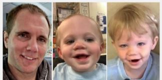 Collage of three close-up portraits: man left, smiling baby center, blond toddler right.