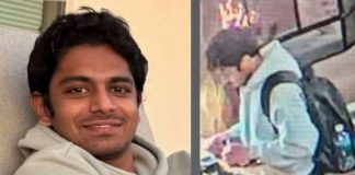 Side-by-side image: left panel shows a young man with dark hair wearing a light hoodie, smiling at the camera. Right panel shows a person with a backpack and a light blue hoodie leaning on a railing, looking down at something.