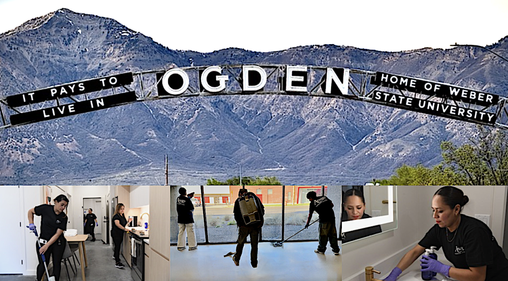 Screenshot 2026-04-28 at 82843 PM | Gephardt Daily Banner arch over mountains reads 'OGDEN' with 'Home of Weber State University' and a collage of custodial staff cleaning interiors behind it.