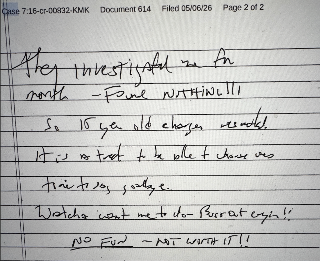 Screenshot 2026-05-07 at 43836 AM | Gephardt Daily Handwritten note on a legal page; cursive lines discuss an investigation and not worth it.