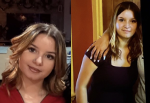 Side-by-side photos of a woman with shoulder-length light brown hair: left in a red top smiling, right in a black dress with a hand resting on her shoulder.