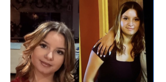 Side-by-side photos of a woman with shoulder-length light brown hair: left in a red top smiling, right in a black dress with a hand resting on her shoulder.