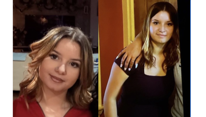 Side-by-side photos of a woman with shoulder-length light brown hair: left in a red top smiling, right in a black dress with a hand resting on her shoulder.