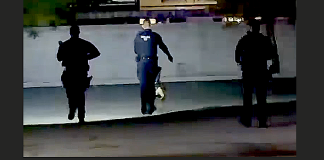 Three silhouetted figures walk in a dim, reflective corridor; center figure wears a vest with a badge and equipment belt.