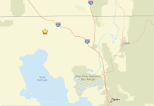 Map showing a yellow star pin marking a point of interest west of I-84 near the Great Salt Lake in Utah.