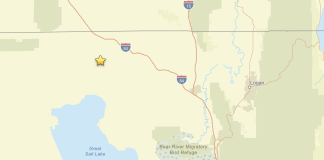 Map showing a yellow star pin marking a point of interest west of I-84 near the Great Salt Lake in Utah.