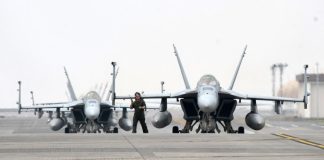 Two fighter jets sit on a tarmac with a ground crew member standing between them, ready for taxi or maintenance.