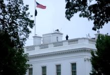 White House rooftop with an American flag flying, a person standing near the railing, framed by trees against a pale sky.