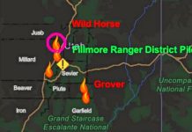 Map of central Utah showing wildfire icons around Juab, Sevier, Piute and Beaver counties, with labels Wild Horse, Grover, and Fillmore Ranger District Pile RX indicating active fires.