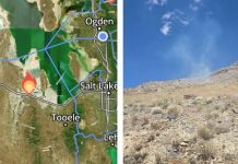 Split image: left—Utah map with a wildfire icon near Tooele along I-80; right—a dry rocky hill under a clear blue sky.