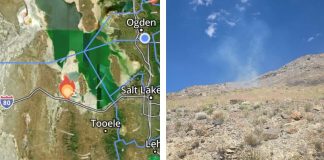 Split image: left—Utah map with a wildfire icon near Tooele along I-80; right—a dry rocky hill under a clear blue sky.