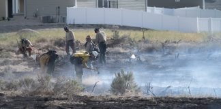 Firefighters in tan and yellow gear work to extinguish a brush fire near a residential area with a white fence in the background.
