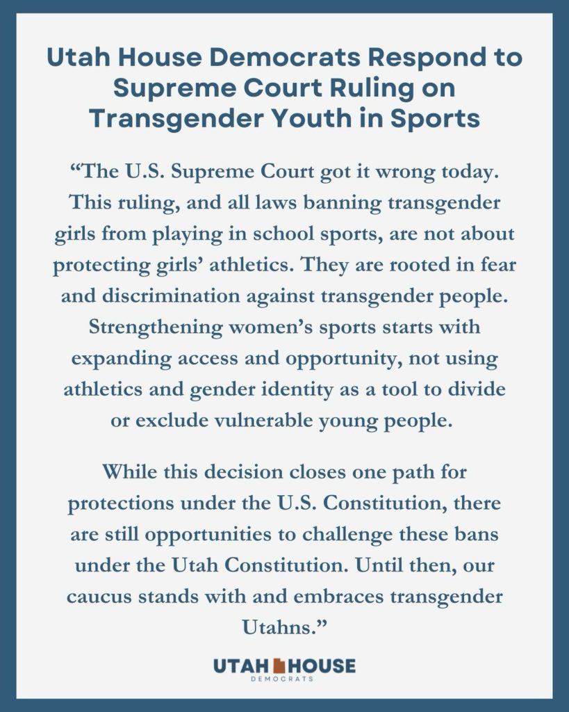 Banner-style image with a blue border showing the headline: 'Utah House Democrats Respond to Supreme Court Ruling on Transgender Youth in Sports' and the Utah House Democrats logo at the bottom.