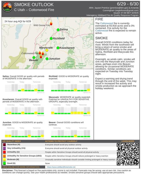 Smoke outlook infographic for Utahs Cottonwood Fire showing a map with fire locations and colorcoded air quality plus charts and a legend describing expected conditions
