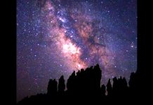 Silhouette of jagged rocks against a starry night sky and the bright Milky Way.