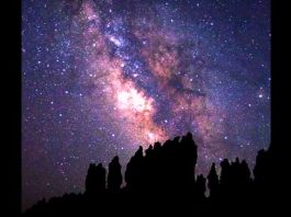 Silhouette of jagged rocks against a starry night sky and the bright Milky Way.