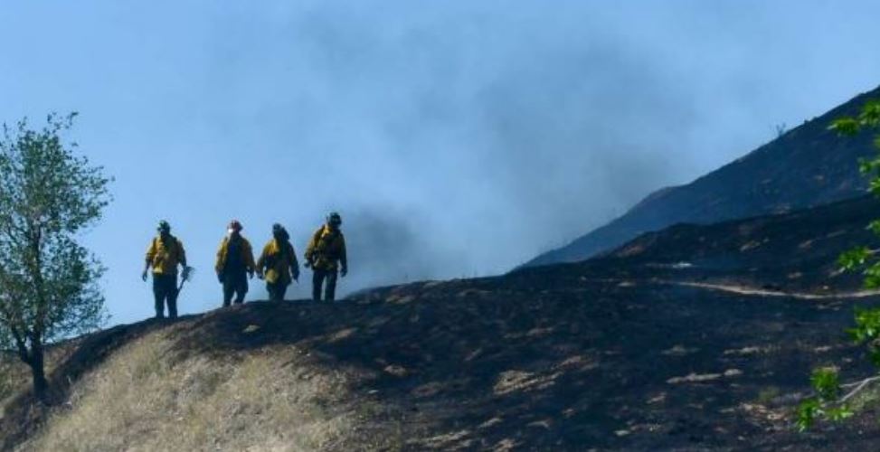Four firefighters in yellow gear walk along a scorched hillside with smoke behind them.