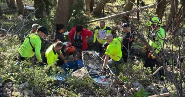 Rescue team in neon vests surrounds an injured person on a stretcher in a forested hillside.