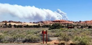 Desert landscape with red rock mesas, scrubby bushes, and a large white smoke plume in the distance; a small red sign stands on a cracked road in the foreground.