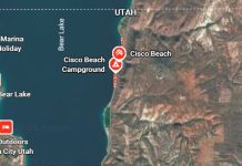 WVC man dead after Bear Lake diving accident Map of Bear Lake, Utah area showing Cisco Beach Campground and nearby camping icons along the lakeshore