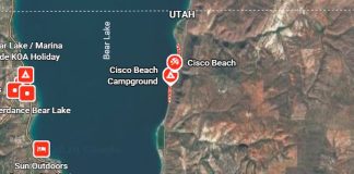 Map of Bear Lake, Utah area showing Cisco Beach Campground and nearby camping icons along the lakeshore