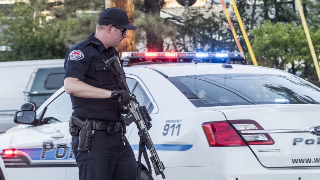 Police officer in tactical gear standing beside a patrol car with red and blue emergency lights on outside the vehicle