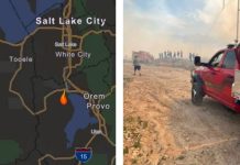 Evacuations underway for Glamer Lane Fire in Saratoga Springs Left: map of central Utah showing a fire location near Provo/Orem and I-15, marked by a flame icon. Right: red fire truck on a dusty road with firefighters and smoke in the distance.