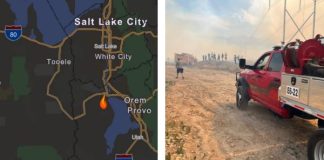 Left: map of central Utah showing a fire location near Provo/Orem and I-15, marked by a flame icon. Right: red fire truck on a dusty road with firefighters and smoke in the distance.