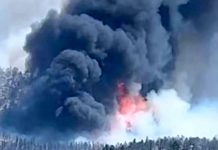 Forest fire with thick black smoke rising above a snow-covered treeline and visible orange flames at the base.