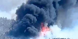 Forest fire with thick black smoke rising above a snow-covered treeline and visible orange flames at the base.
