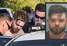 Police detain a shirtless man in a car as officers surround him; inset shows a bearded man’s mugshot.