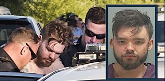 Police detain a shirtless man in a car as officers surround him; inset shows a bearded man’s mugshot.