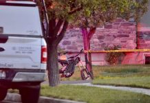 A bicycle leaning against a tree beside yellow police tape on a residential street, with an emergency vehicle parked nearby.