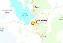 Map showing a yellow star marker west of Salt Lake City near the Great Salt Lake, with Ogden to the north and Provo to the south.